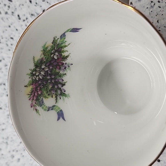 Antique Regency English Bone China Tea Cup and Saucer Tulips and Plaid Ribbon - Picture 5 of 6